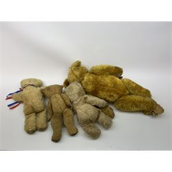 Three 1950s teddy bears including Chiltern dog type looking baby bear with tail, circular felt nose and stitched mouth and jointed limbs H15