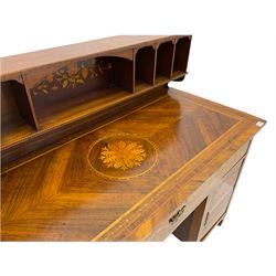 19th century inlaid walnut kneehole desk, raised back with pigeon holes, rectangular top over drawer and two cupboards, with floral and scrolling foliate inlays, kingwood banding