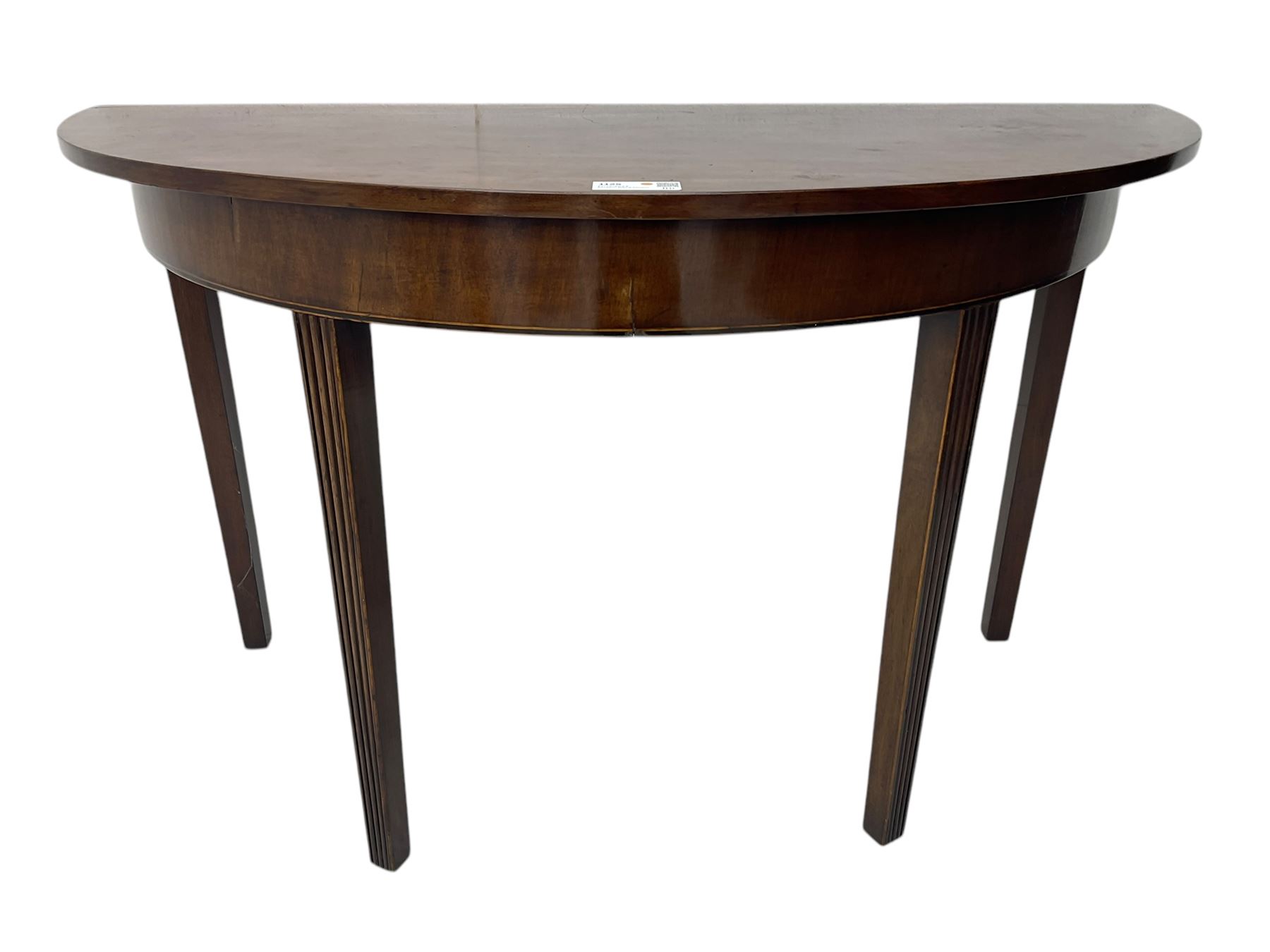 19th century mahogany demi-lune side table, semi-circular top with boxwood string inlay, raised on tapered and fluted supports