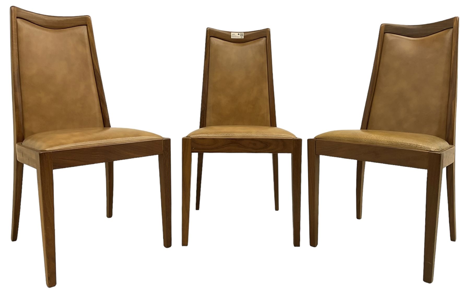 G-Plan - set of six mid-20th century teak 'Fresco' dining chairs, high back and seat upholstered in tan faux leather, on square tapering supports