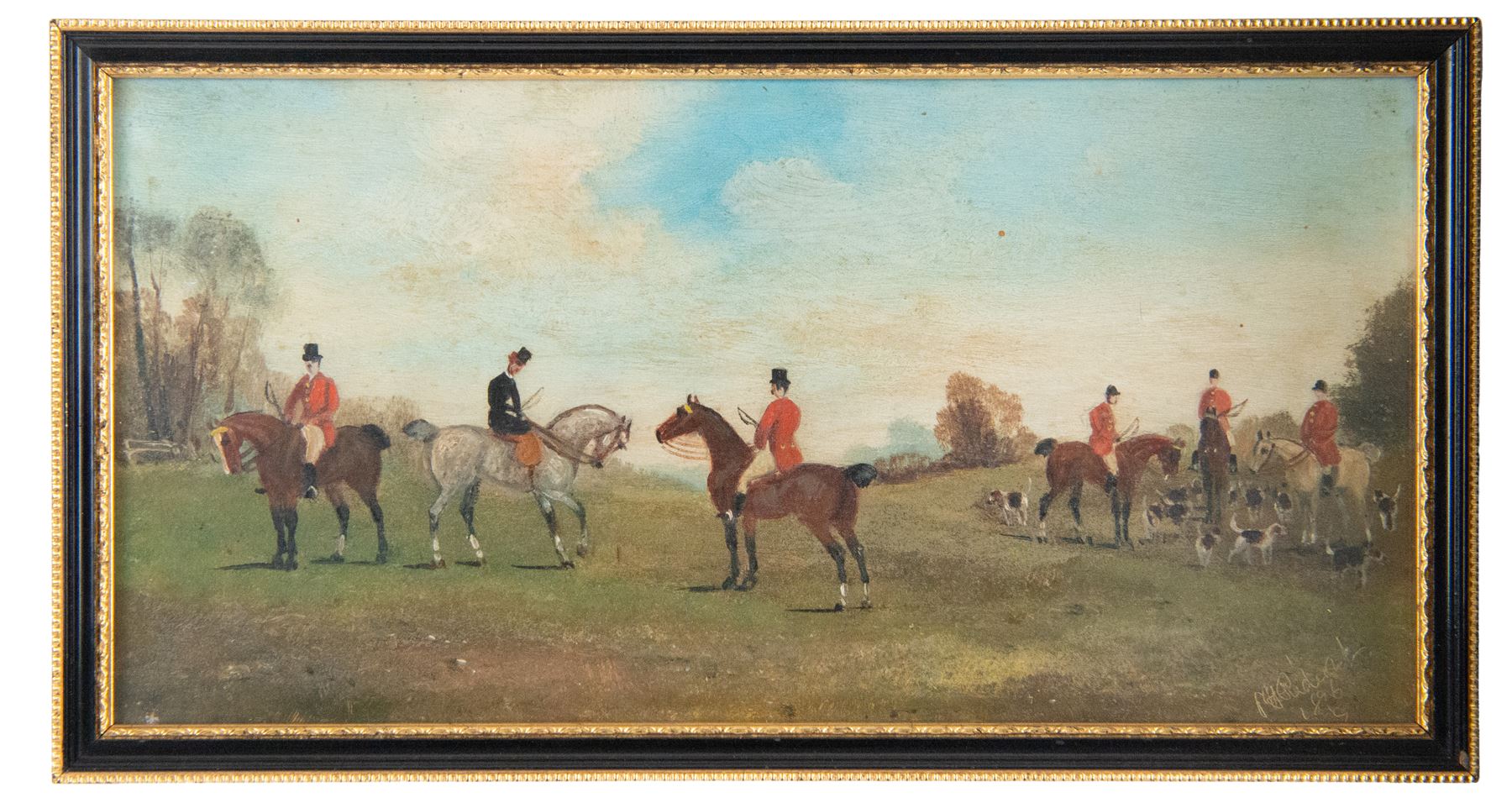 Philip Henry Rideout (British 1860-1920): The Hunt, pair oils on board signed and dated 1896, 15cm x 30cm 