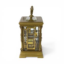 French - 8-day striking carriage clock with alarm and repeat functions, c1900,  case of architectural form with swing handle, gilt dial mask alarm setting dial and enamel chapter, Arabic numerals and blued steel hands, rack striking movement, striking the hours, half-hours and repeat on a coiled gong, with a silvered lever platform escapement, in running condition with key, 14.5cm high 10.5cm wide