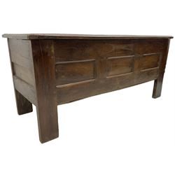 Large 18th century oak coffer or chest, rectangular hinged top with moulded edge, over panelled sides with moulded rails, raised on stile supports