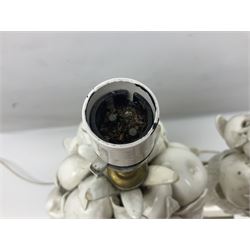 Pair of Casa Pupo white-glazed table lamps, modelled as a fruit upon a column of baluster form with foliate decoration, on a giltwood base, H62cm