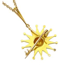 Edwardian 15ct gold seed pearl pendant/brooch, on 9ct gold chain necklace