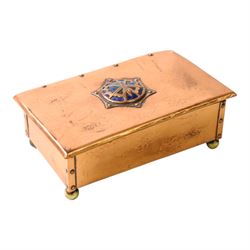  Arts & Crafts copper and enamel box, of rectangular form, the hinged lid with central ena...