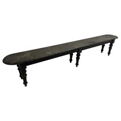 Large 19th century stained oak 9' hall bench, rectangular seat with rounded ends on turned supports