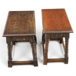 Two 19th century oak joint stools with carved frieze and turned supports