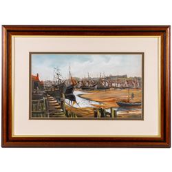 George Sparkes (Yorkshire Contemporary): 'Low Tide - Whitby Upper Harbour c.1890', acrylic on board signed and dated 2008, titled on label verso 25cm x 44cm