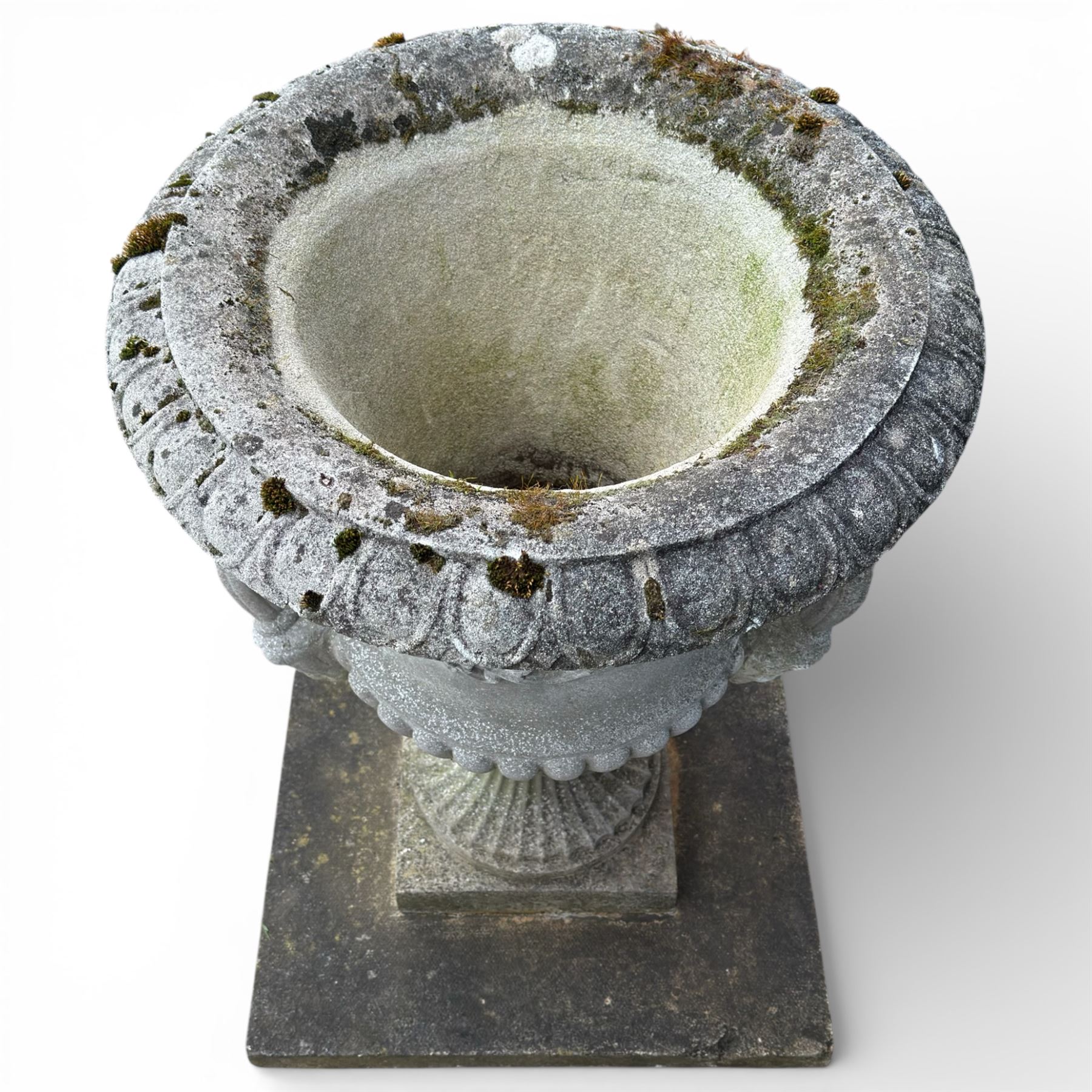 Pair of large stone Campana urns on square bases