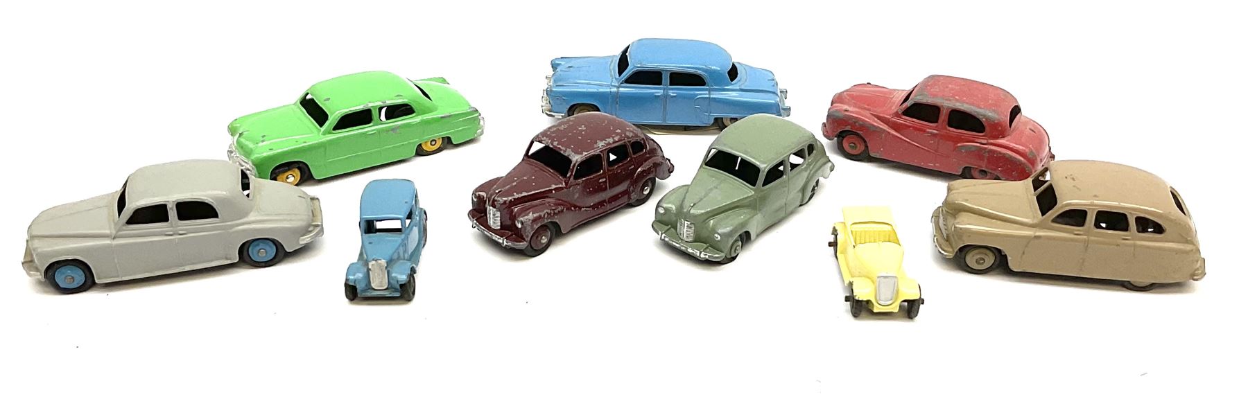 Dinky - seven unboxed and playworn die-cast cars comprising Studebaker, Ford Sedan, Rover 75, Vanguard, Austin Somerset and two Austin Devons; together with two Dublo size scale cars (9)