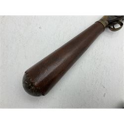 Late 18th century 7.2mm (approx. .28 calibre) Girandoni system single shot reservoir air rifle, the 62cm steel barrel with swivelling two-leaf rear sight, brass breech decorated with a sunburst and lever opening top loading, engraved steel lock-plates marked 'S. Gaskell' to the right side underneath the cocking lever, brass trigger guard,  leather covered steel butt reservoir of tapering conical form with brass ferrule and walnut fore-stock with horn mounts L107cm overall