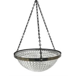 Edwardian glass holophane ceiling light, the domed bowl shade suspended in circular brass frame by three chains, stamped Crystal Bowl Holophane 8424, patent no 1796, 1910 on the inside rim, D35cm