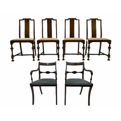 Set four early 20th century mahogany dining chairs and a pair of Regency style elbow chairs
