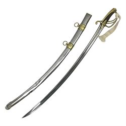 19th century French Chasseur a Cheval de la Guard trooper's sword with 86.5cm slightly curving fullered blade, brass three-bar hilt with elongated elliptical langets and wire-bound leather grip; in polished steel scabbard with two brass suspension rings L104cm overall