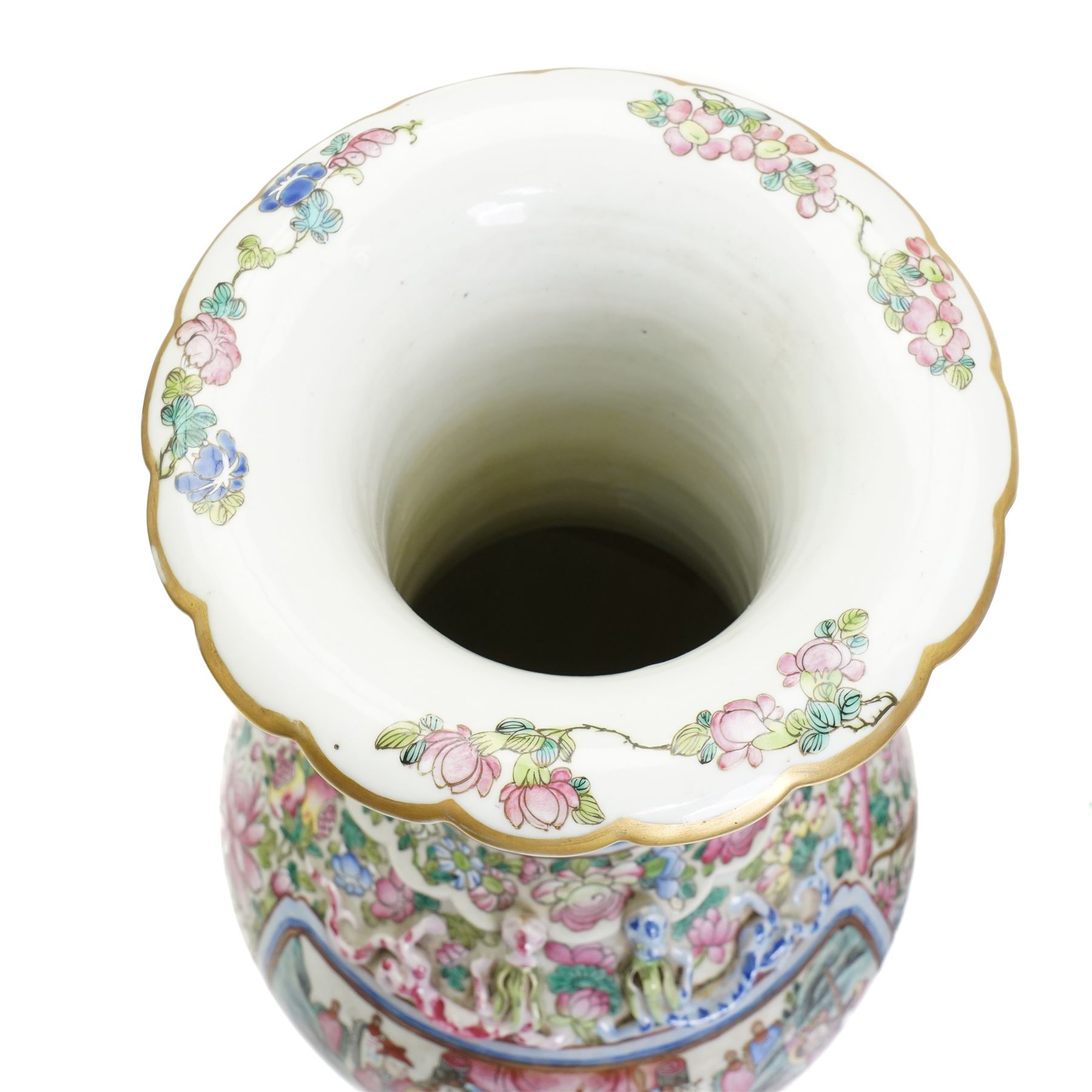 Large pair of 19th century Cantonese famille rose vases, each painted with various courtly scenes, including a display of warriors fighting on horseback before an official and his attendants, double Buddhist lion handles and applied at the shoulders with chilong, the lower band painted with Greek key motif, H58cm (2)