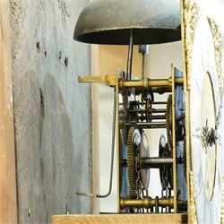 Jonas Barber of Winster (Westmoreland), provincial mid-18th century ash and oak cased 30-hour longcase clock, hood with a flat pediment, square hood door and attached pilasters, trunk with a full length shaped door on a square plinth with an applied skirt, brass dial with cast cherub spandrels, plain dial centre with date aperture and steel hands, silvered chapter ring engraved with Roman numerals, five minute Arabic's, quarter hour and minute tracks with half-hour markers, chain driven countwheel striking movement striking the hours on a bell. With weight and pendulum.
