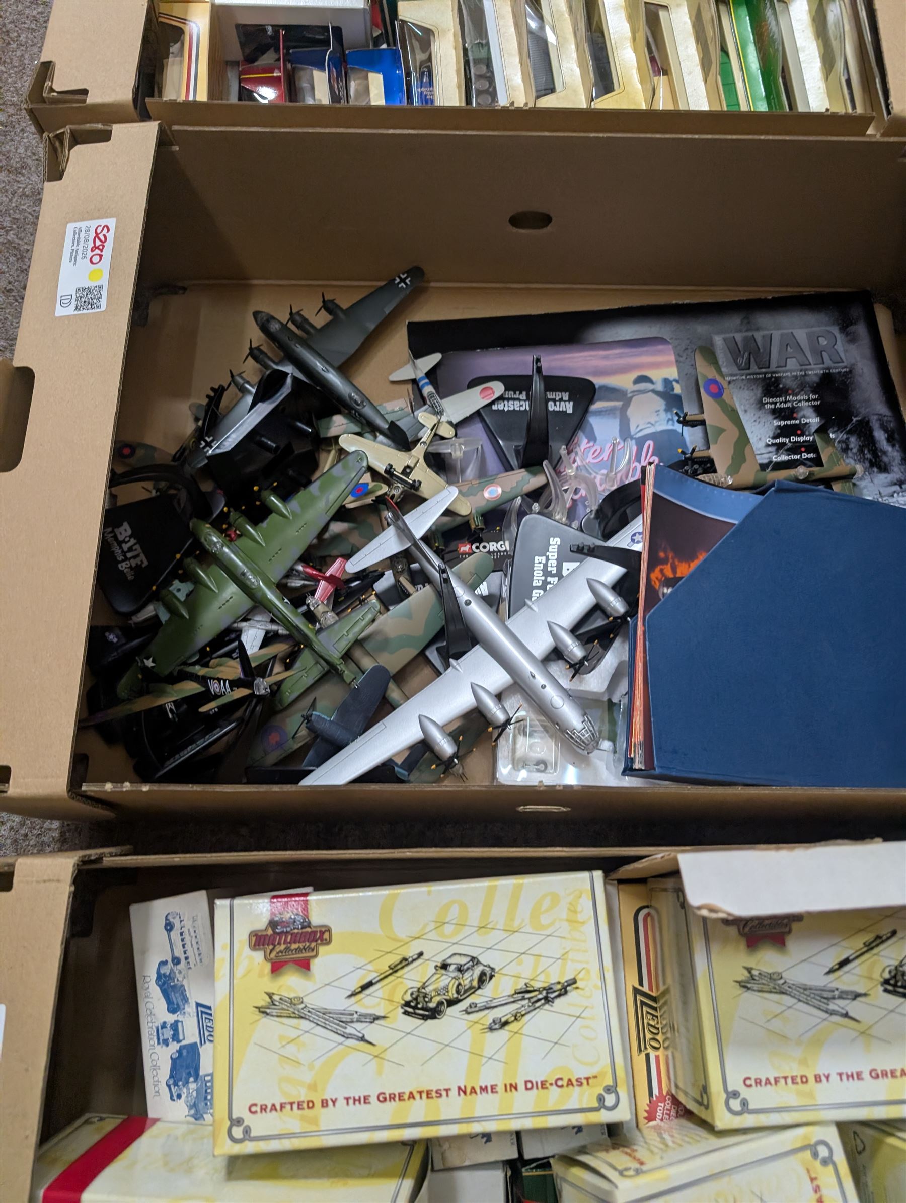Collection of diecast model vehicles, including Corgi, Lledo and Matchbox, Atlas Editions aeroplanes and Britains soldiers, in four boxes