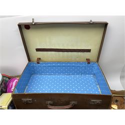 Collection of silver plated cased cutlery including part canteens and butter knives, together with other metal ware including J&J Siddons iron, horse brasses and a copper kettle, 1970s children's annuals including Beano, two handbags and three suitcases, vintage tins etc, in four boxes 