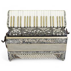 Two mid 20th century Italian accordions- manufactured by Frontalini and Cooperatiua both with a three octave keyboard compass and 120 bass buttons, with fretted sound grills and shoulder straps. 