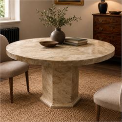 Classical design marble composite dining or centre table, circular top raised on hexagonal...