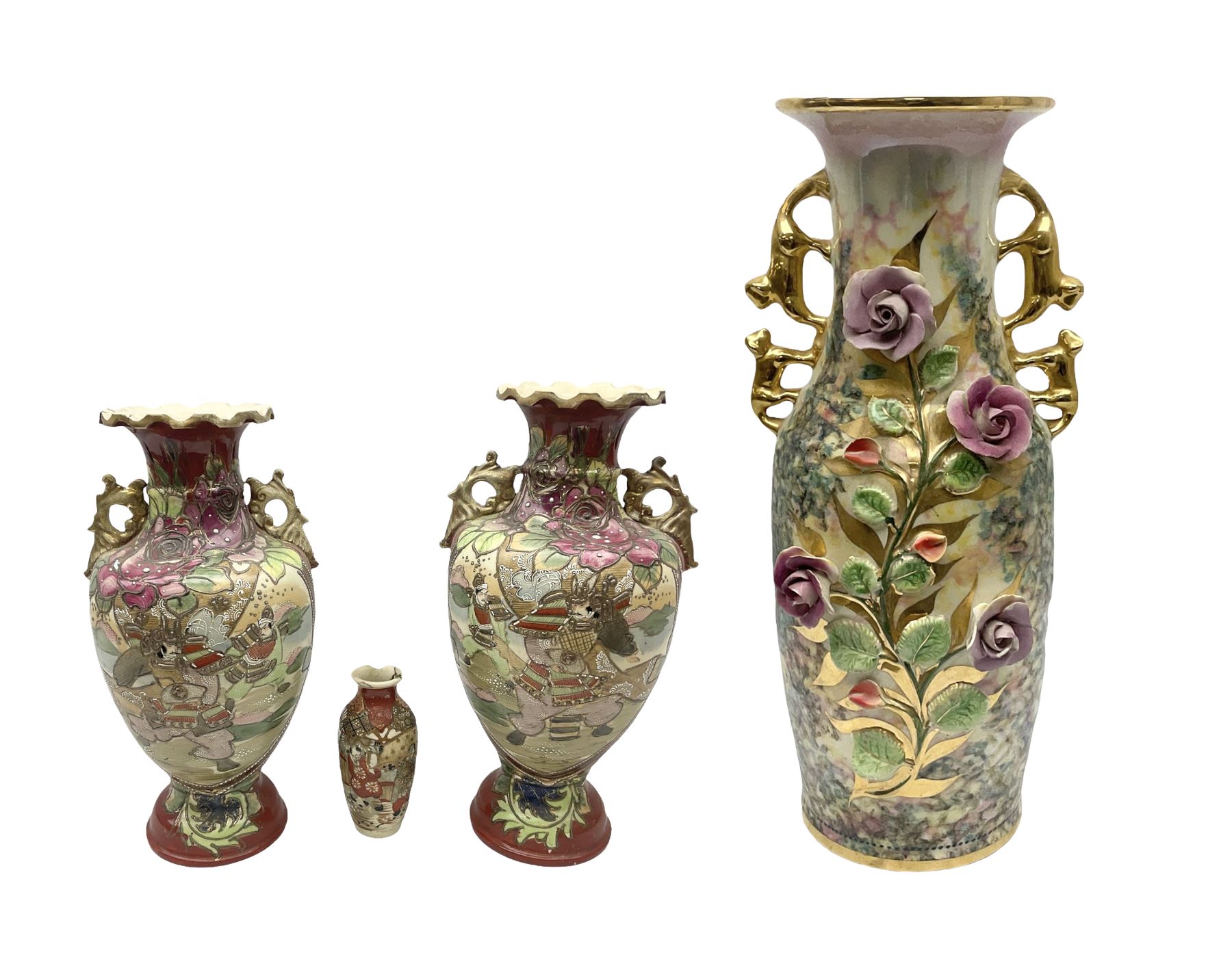 Mid-late 20th century French vase of baluster form, with applied floral decoration and gilding, and twin handles, with impressed mark beneath, H55cm, together with Pair of Japanese satsuma vases of baluster form, with twin handles and polychrome decoration depicting Samurai warriors, and another smaller vase, largest H39.5cm