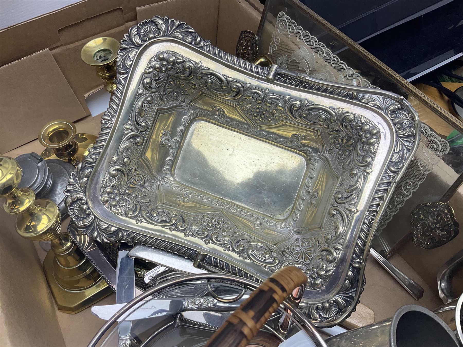 Quantity of silver plated and other metal ware to include Community cutlery and brass, together with Polaroid tv etc in three boxes