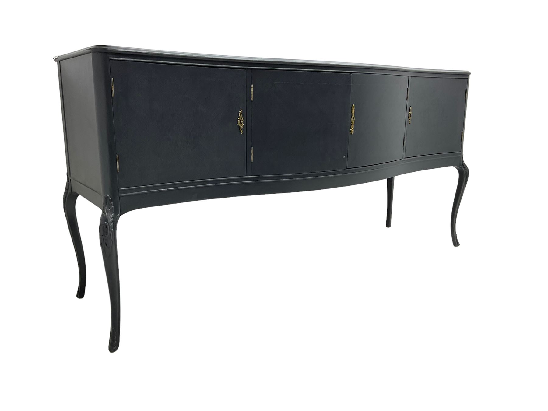 French design grey painted teak serpentine sideboard, the shaped front fitted with central double cupboard flanked by two single cupboards, each concealing drawer, on cabriole supports