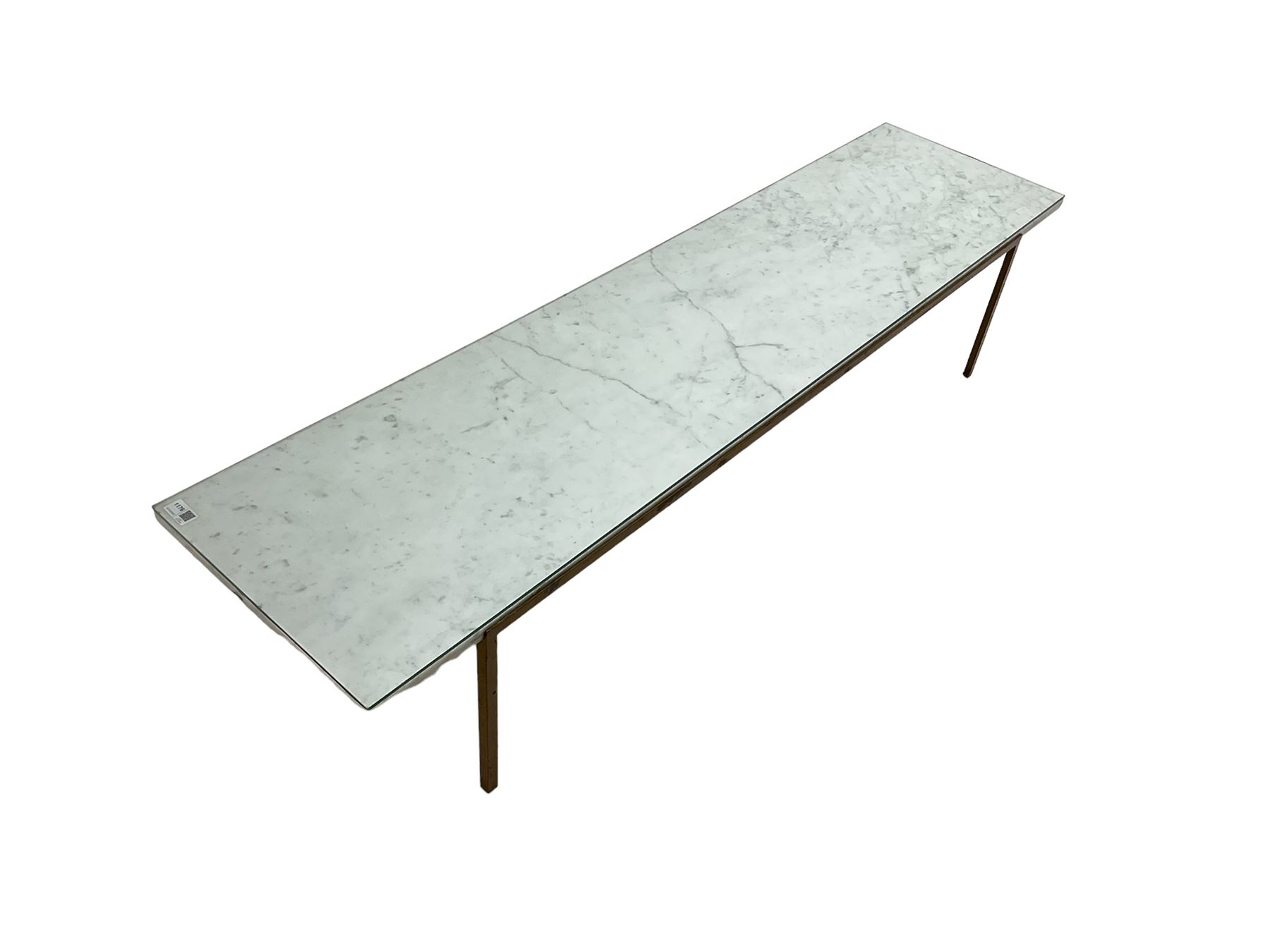 Long narrow rectangular marble top coffee table, on wrought metal base