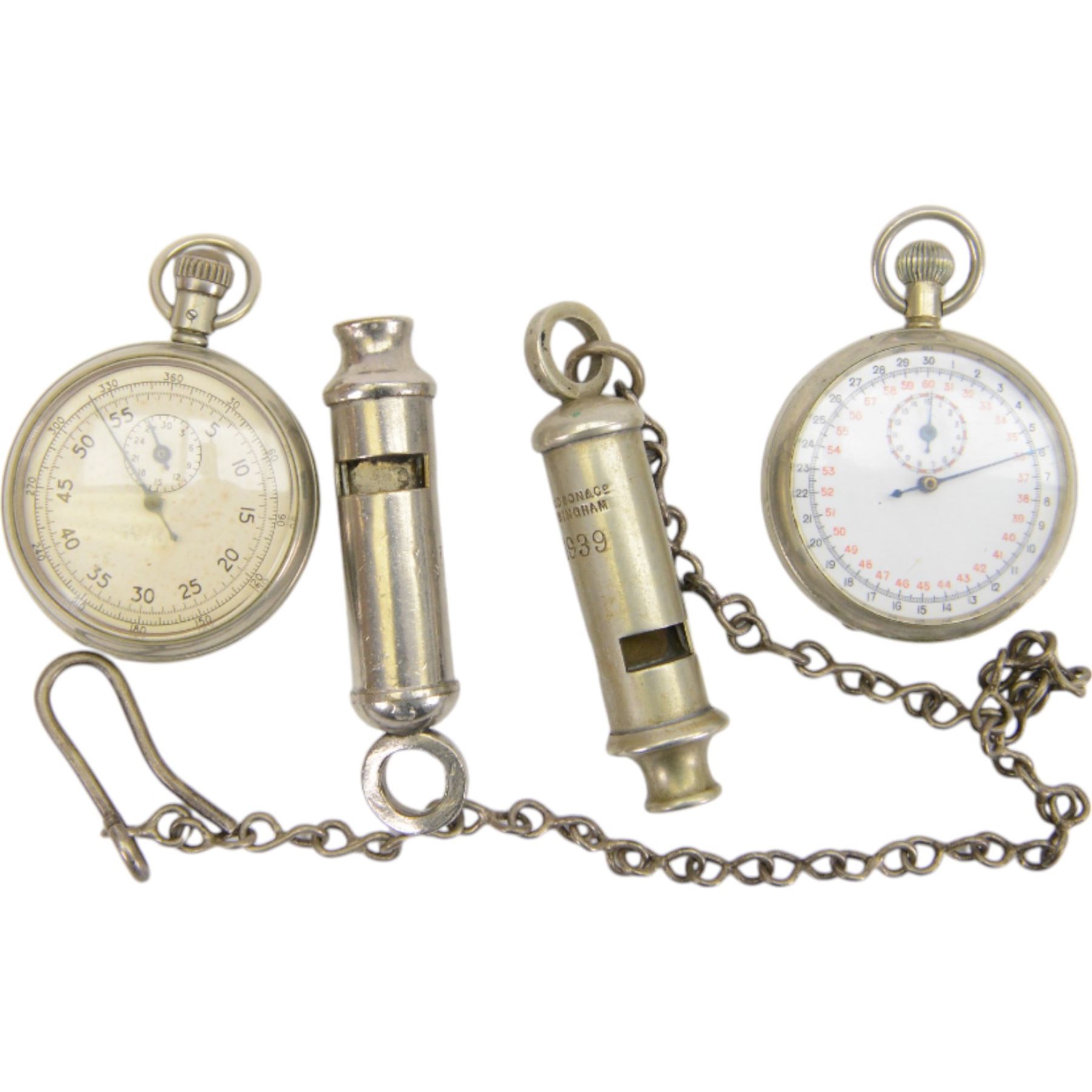 WWII, two stopwatches, the first marked A.M. 6B/221 15379/43 to reverse, the other T.P. 1/10 Sec, together with military whistle marked C.W.S 1941 with broad arrow and J. Hudson & Co whistle 1939 