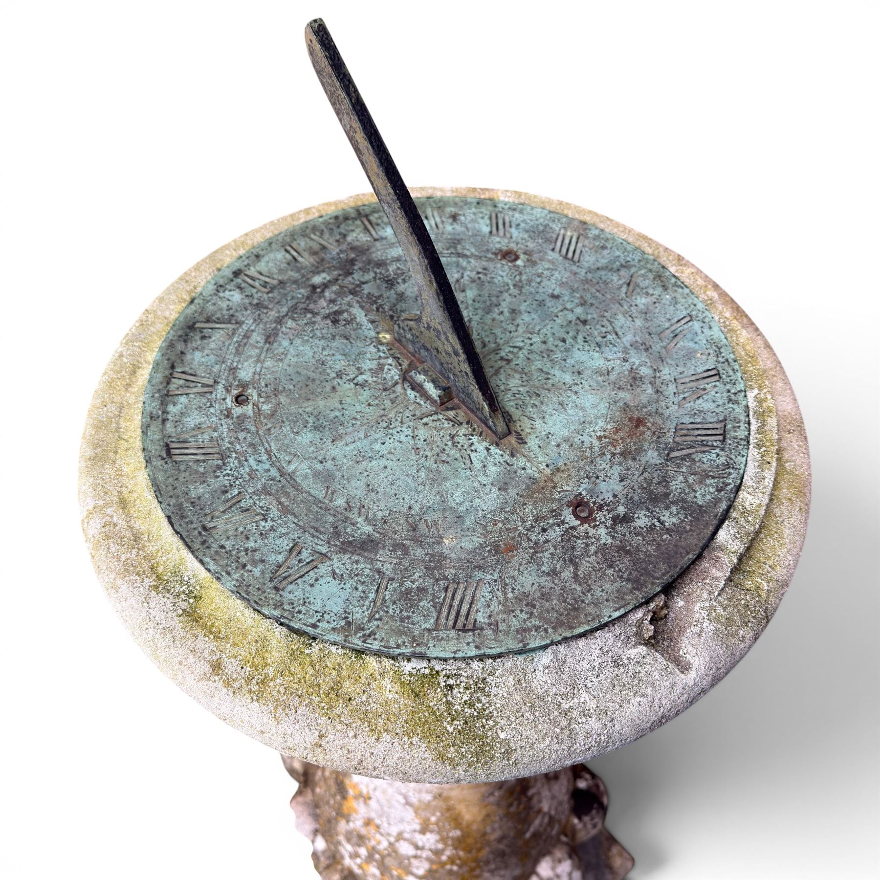 Composition stone sundial, square top with bulb pedestal, raised stepped plinth, lead dial with Roman numerals depicting 'Grow Old Along with me, the best is yet to be'