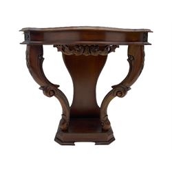 Victorian style mahogany console table, shaped moulded top on scrolled supports, moulded and canted base (W91cm, H76cm, D41cm), and a reproduction mahogany console or side table on reeded supports 
