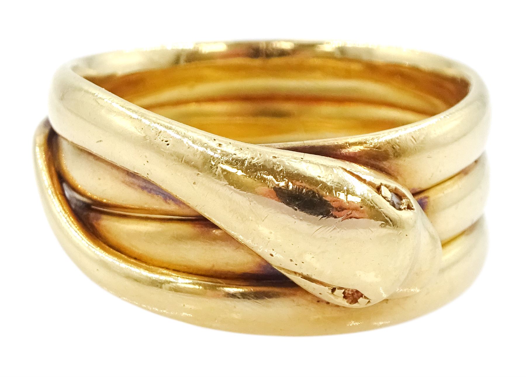 Victorian 18ct gold coiled snake ring, with a diamond set eye by Vaughton & Sons, Birmingham 1885
