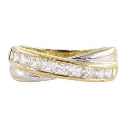 14ct white and yellow gold channel set cubic zirconia crossover ring, hallmarked