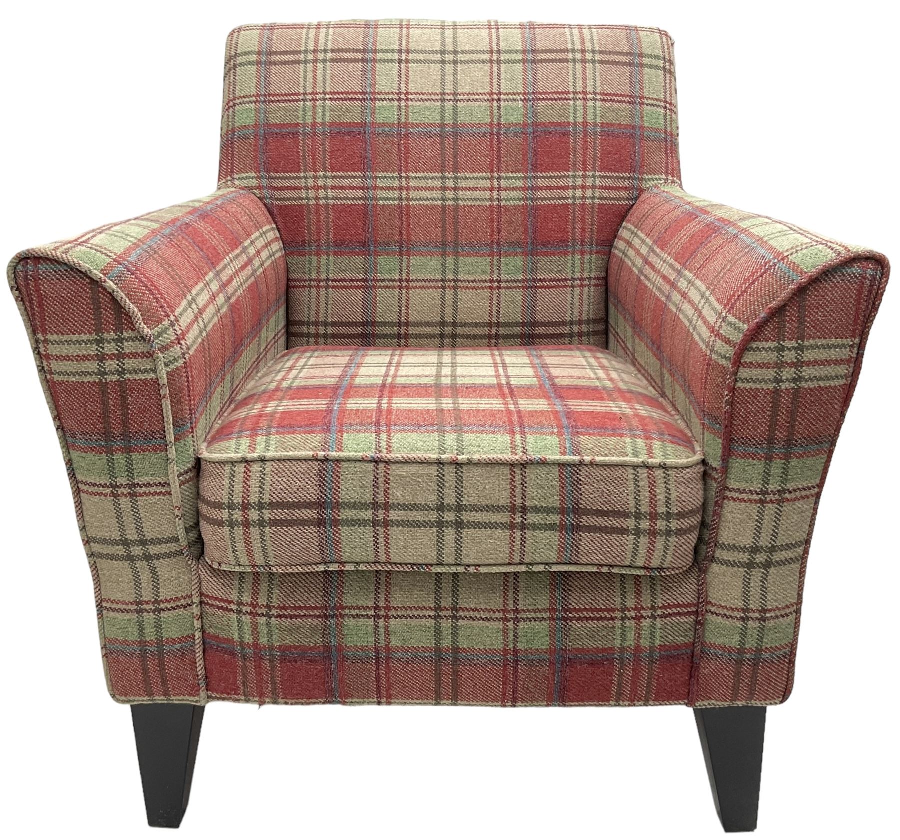 Next Home - traditional shaped armchair, upholstered in tartan fabric, raised on square tapering ebonised supports