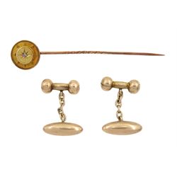 Pair of Victorian rose gold cufflinks, Birmingham 1899 and a gold Etruscan revival diamond stick pin