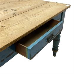 Victorian rustic painted pine kitchen table,  rectangular stripped top, the blue painted base fitted with single drawer, on ring turned supports