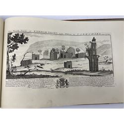Samuel Buck: Ruins, Abbeys and Castles of Yorkshire. Bound collection of twenty-five engraved views dated 1720 - 1728 including Burstal Abbey Hull, Bolton Abbey, Whitby Abbey, Scarborough Castle, Malton Priory etc and list of subscribers; oblong folio; mottled half leather and suede binding by Etherington, Thorpe & Co., Pudsey