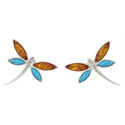 Pair of silver Baltic amber and turquoise dragonfly earrings, stamped 925 