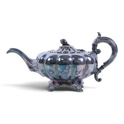 Early 20th century silver plated four piece melon-shaped tea service by James Dixon & Son Sheffield, comprising teapot, hot water jug, milk jug and open sucrier, together with a silver plated twin handled tray with engraved floral decoration