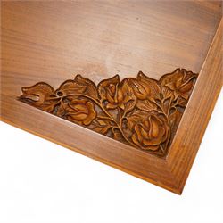 Hardwood rectangular coffee table, carved with trailing branches with foliage and flower heads, on scroll carved cabriole feet 