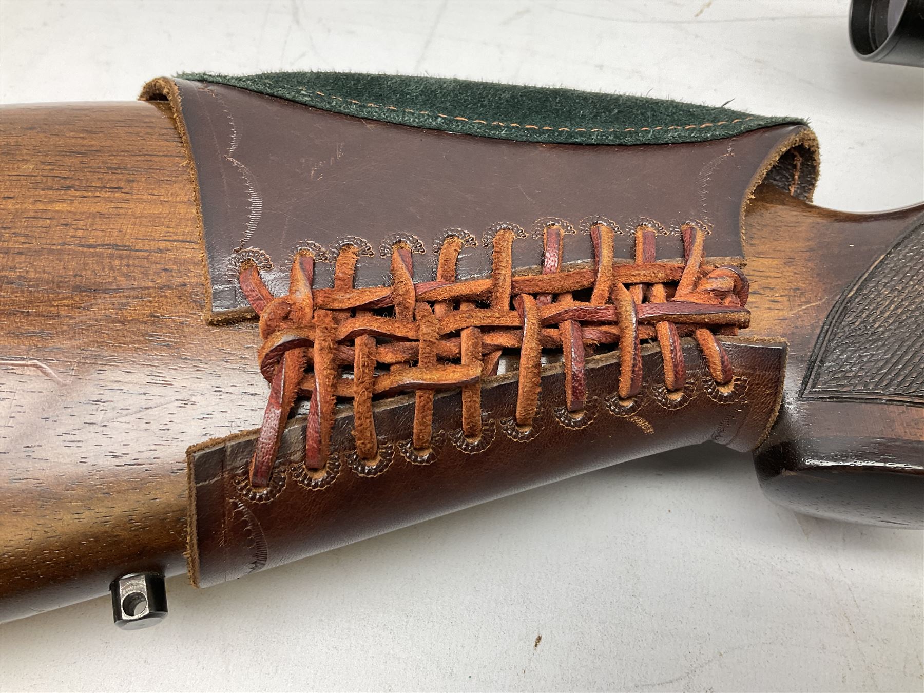 30-06 Steyr-Mannlicher Model M bolt-action rifle, the 61cm hammer forged barrel with side safety, double set trigger and lift-out rotary magazine, walnut stock with chequered pistol grip and fore-end and additional soft leather cheek piece, Pecar Berlin Champion 8 x 45 telescopic sight with quick release mounts, serial no.204791 L111cm FIREARMS CERTIFICATE REQUIRED OR RFD