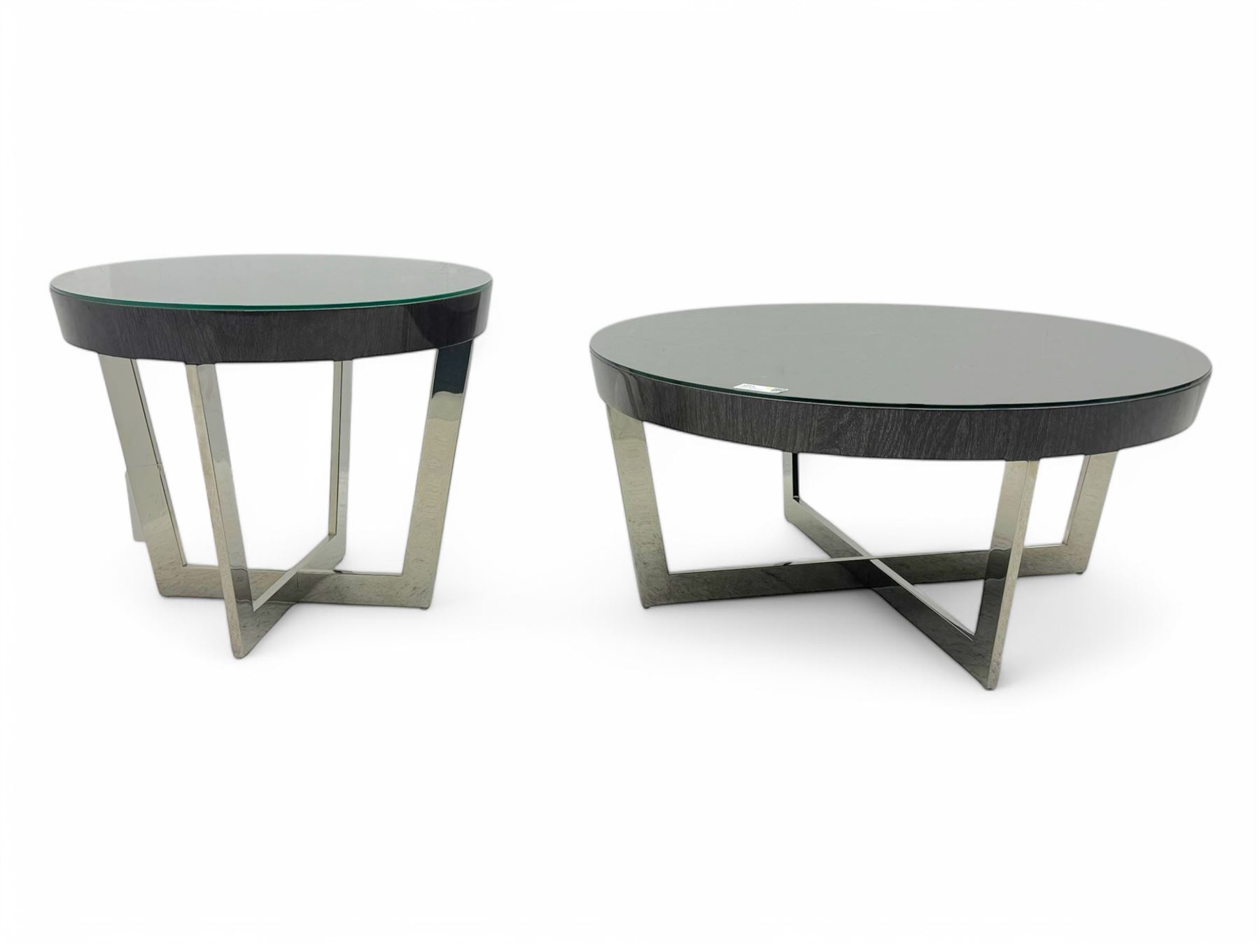 Napoli retailed by Sofology Coffee table (Diameter 90cm, Height 40cm) and matching Lamp table (Diameter 60cm, Height 50cm) both on a chrome cross frame base with glass tops 