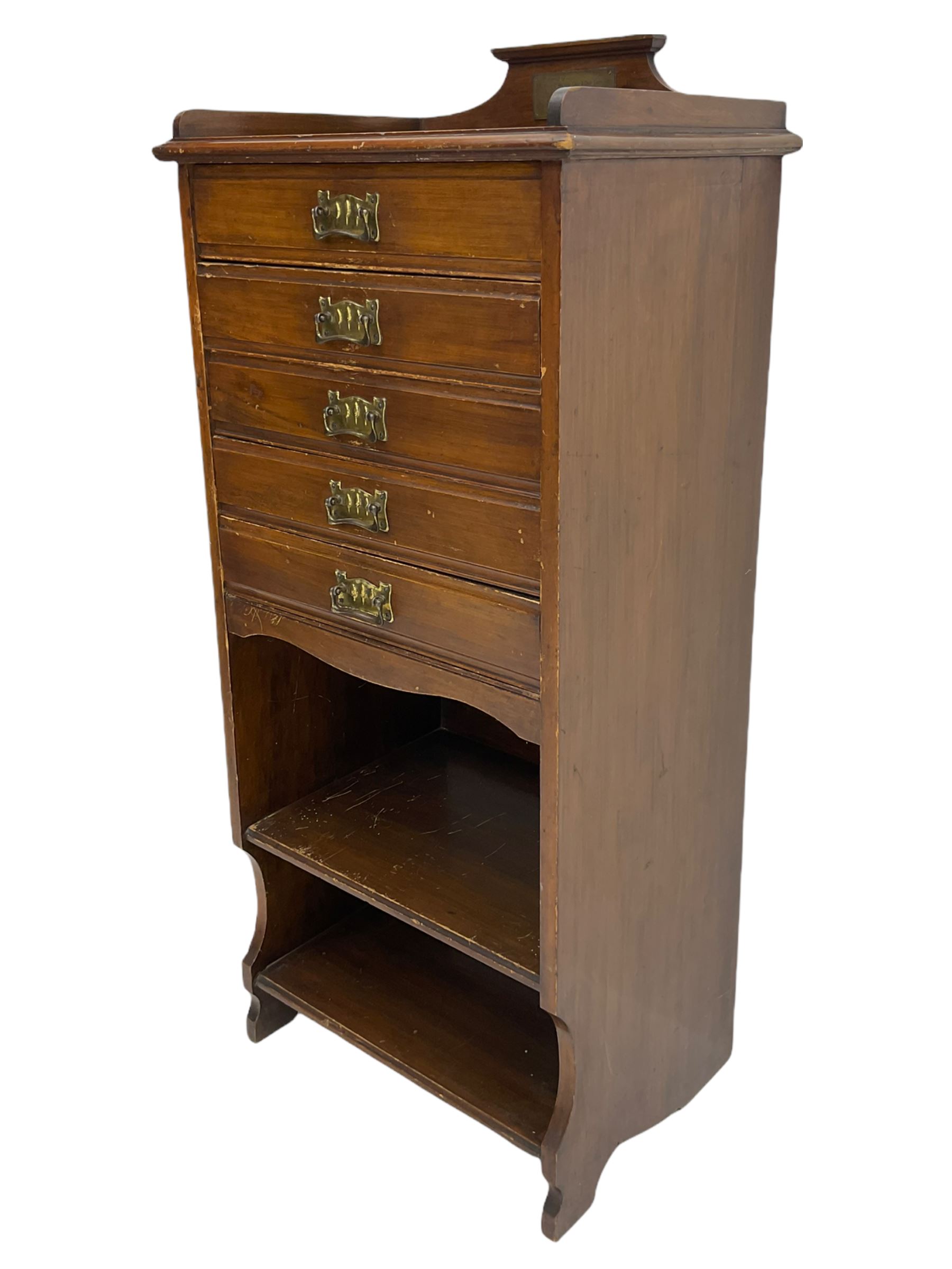 Edwardian walnut sheet music cabinet, raised back with plaque inscribed 