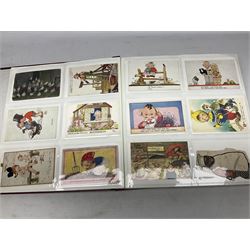Modern album containing over four hundred Edwardian and later postcards including fourteen Mabel Lucie Attwell, Margaret Tarrant, Home Guard silhouettes, multiple babies, comic, applique, real photographic and printed topographical, greetings etc