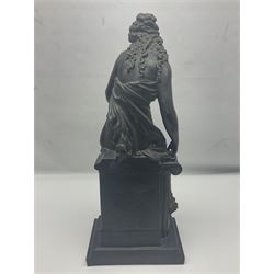 Cast neo classical figure in the form of a woman seated upon corinthian column with a footed base, H53cm