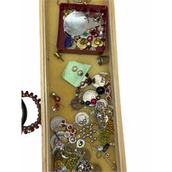 Costume jewellery beads, earrings etc, along with two jewellery boxes. 