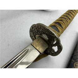 Reproduction Japanese katana with 63cm slightly curving fullered steel blade, ornate tsuba, cord bound grip and gilt transferred black saya L92cm; and two fencing foils, one marked Leon Paul (3)