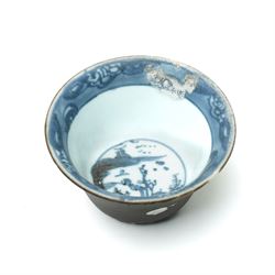18th century Nanking cargo 'Flying geese' pattern bowl, with Christies lot sticker, D11.5cm; together with a tea bowl and saucer, probably from the Cau Mau shipwreck, in the 'Passing boats' pattern, and a dish from the Tek Sing shipwreck (4)