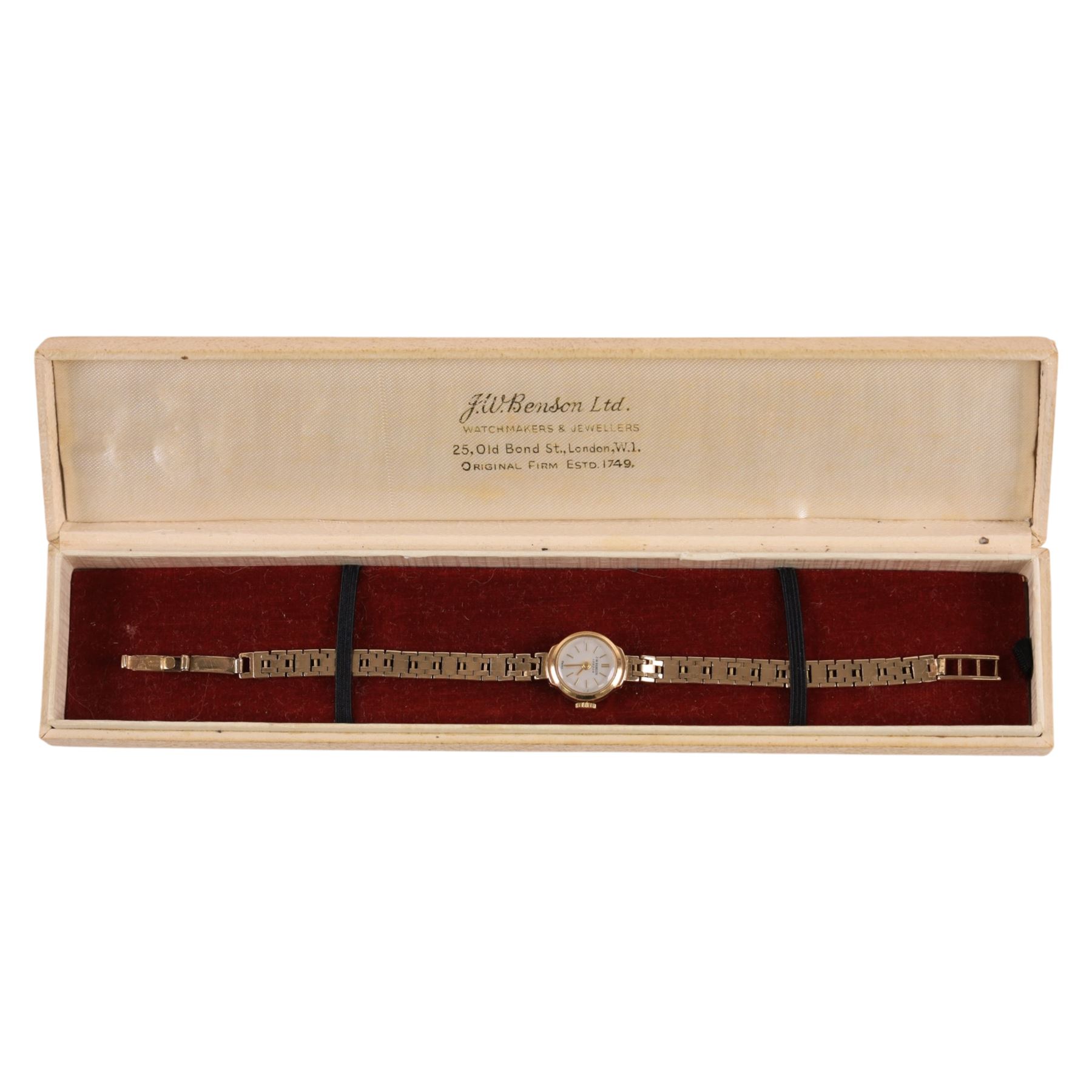 J W Benson ladies 9ct gold manual wind wristwatch, on 9ct gold bracelet, hallmarked, boxed